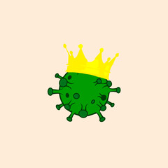 Corona (crown) virus wearing a crown. Illustration of a word game