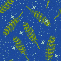 continuous design of feathers with blue stars. Seamless pattern vector for textile industry. 