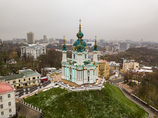 Aerial drone view. St. Andrew's Church in Kiev.
