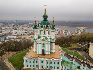 Aerial drone view. St. Andrew's Church in Kiev.