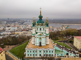 Aerial drone view. St. Andrew's Church in Kiev.