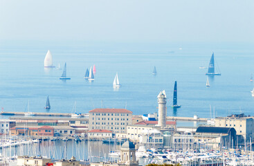 Aerial view of the seafront of Trieste a nice city in Northern Italy during The days of the "Barcolana" a nautical event