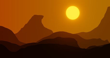 Flat illustration with desert landscape and yellow sun