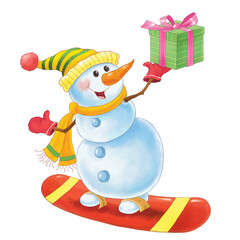 New Year. Christmas. A cute snowman. Illustration for children. Coloring page. Cute and funny cartoon characters