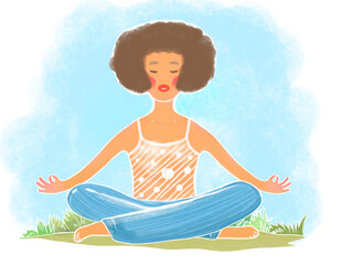 Obraz na płótnie Canvas illustration of a girl with dark hair sitting in the lotus position. Meditation, yoga in fresh air, on green grass. Healthy lifestyle