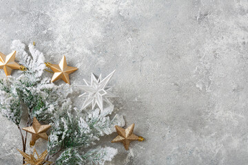 Snow branch and golden stars on light surface, Christmas concept