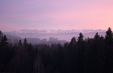 Panoramic view of Tatra Mountains during sunset. Poland