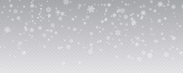 Christmas falling snow isolated transparent background. Winter snow storm backdrop. Vector illustration