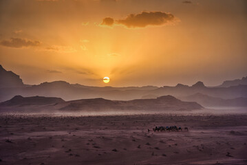 Fototapeta na wymiar Photo of the sunset view fo the Wadi Rum desert in Jordan