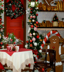 Christmas table with christmas decorations.  Gingerbread house, showcase .