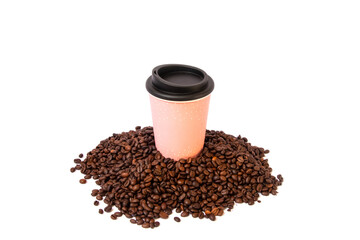 cup of pink coffee with dots on a white background with coffee beans and a black lid