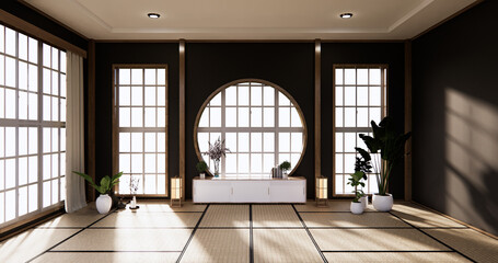 Dark Circle wall design and cabinet on empty  Living room japanese deisgn with tatami mat floor. 3D rendering