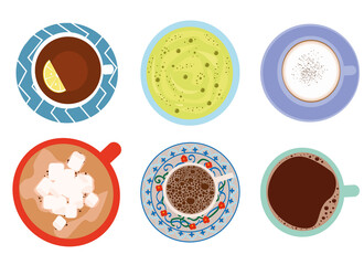 Set of hot drinks: tea with lemons, green matcha tea, cappuccino, hot chocolate with marshmallows, Turkish coffee, Americano isolated on a white background. Vector flat illustration. Top view.