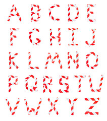 Alphabet made from red-white warning tape. Set. Isolated on white