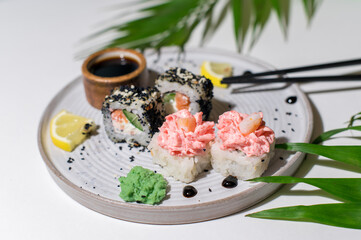 Sushi rolls on light background with leafs