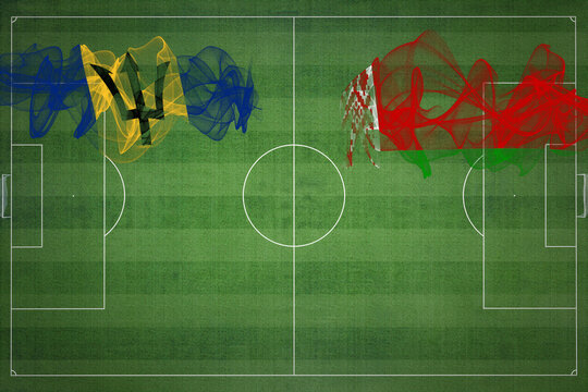 Barbados vs Belarus Soccer Match, national colors, national flags, soccer field, football game, Copy space - Powered by Adobe