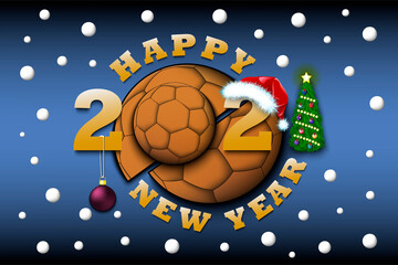 Happy new year 2021 and handball ball with Christmas ball and hat. Creative design pattern for greeting card, banner, poster, flyer, party invitation, calendar. Vector illustration