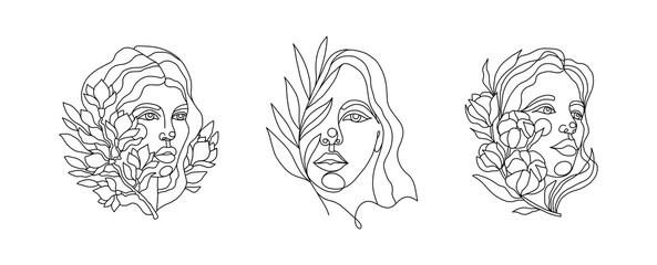 Continuous line drawing of set faces and hairstyles, fashion concept, minimalist feminine beauty with flowers and branches.Vector one line style.Trendy trendy minimalist print