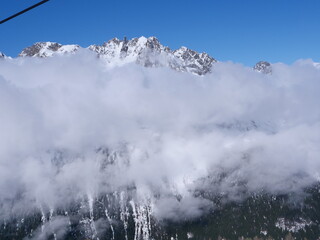 A view of the sunny mountains at Grands Montets. A ski aera in from of the Mont-Blanc and near the city of Chamonix.