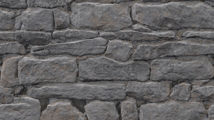 The uneven, cracked surface of a real stone wall is gray. Background of old dirty stones damaged by time. 3D-rendering