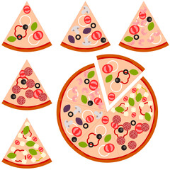 Pizza slices: vegetarian, mushroom, shrimp, BBQ, mozzarella and assorted. Pizza vector on white background isolated.