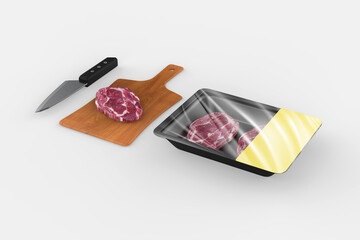 Sealable plastic tray for meat schnitzels. Packaging template mockup collection. 3d illusration