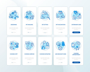 Pet services onboarding mobile app page screen with concepts set. Animals care helpping tips walkthrough 10 steps graphic instructions. UI vector template with RGB color illustrations