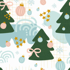 Merry Christmas and Happy New Year seamless pattern illustration. Trendy style. Vector design template. Design for poster, card, invitation, placard, brochure, flyer.
