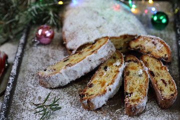 Stollen. Traditional German cake with raisins Dresdner stollen

