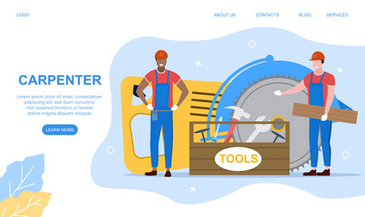 Woodworker or carpenter concept. Builder in helmet and uniform standing next to carpenter holding wooden board. Joinery, carpentry workshop. Cartoon flat vector illustration. Website, webpage template