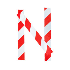 Letter N from red and white warning tape. Isolated on white background
