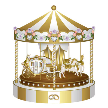 Gold and withe carousel with flowers and rings for wedding and valentine's day