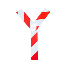 Letter Y from red and white warning tape. Isolated on white background