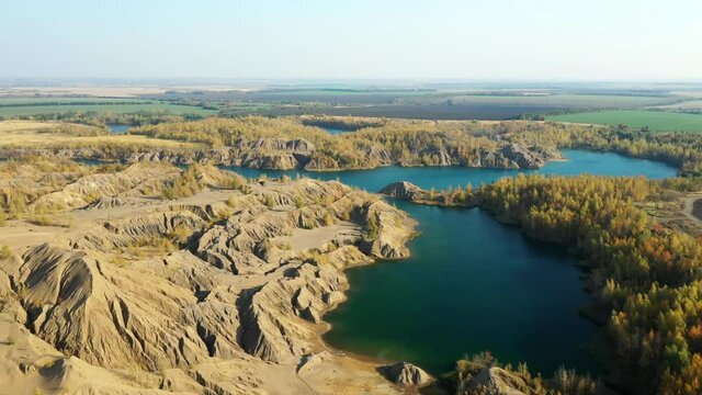 Aerial view of the natural territory of Romantsevskie mountains, Russia, Tula region