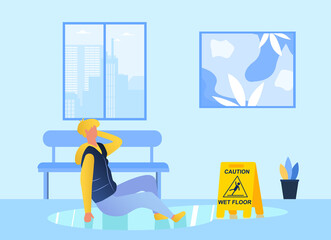 Man falling on the wet floor. Caution sign, warning slippery floor. Injury and accident. Cartoon flat vector illustration with fictional character isolated on white background