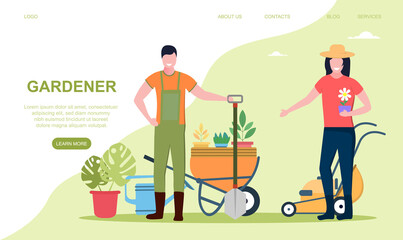 Gardening concept. Idea of horticultural designer business. Character planting flowers and bushes. Special tool for work, shovel and flower pot, lawn mower. Flat vector illustration. Website template
