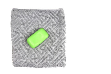 towel Terry gray bath and soap isolated on a white background