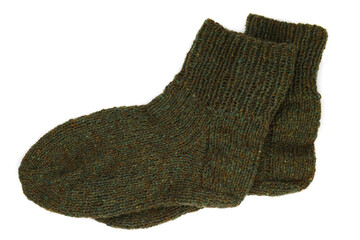 pair of wool knitted winter socks isolated on white