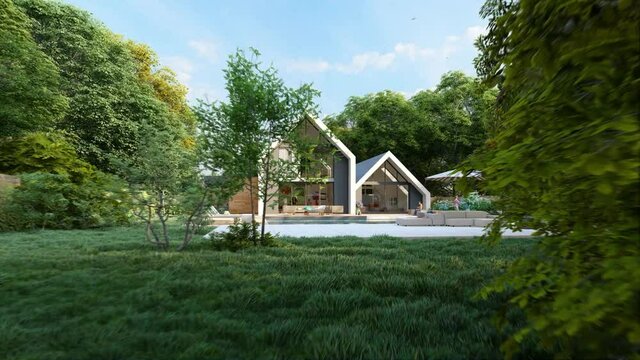 3D animation with a big modern house with a pool and a garden