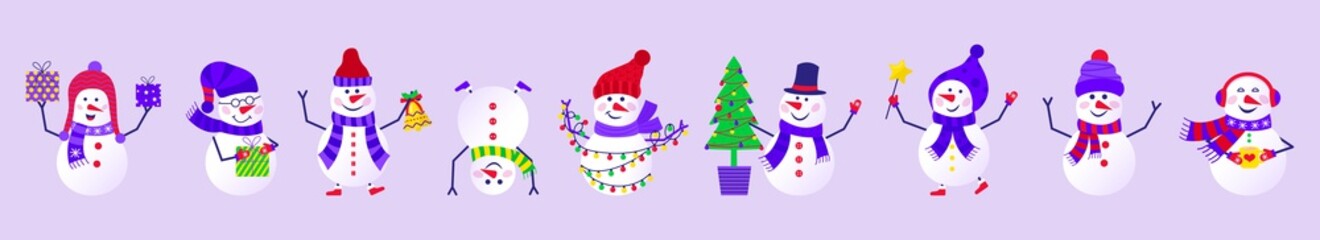 Merry Christmas cute greeting card with snowman and snowflakes for happy new year presents. Scandinavian style set for invitation, children room, nursery decor, interior design, stickers