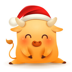 Cute little Ox wearing a Christmas Santa Red Cap.