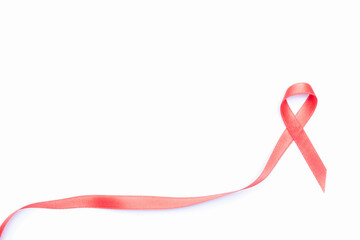 Breast cancer woman. Red ribbon symbol in hiv world day isolated on white background. Awareness aids and cancer. Healthcare and medical concept. - obrazy, fototapety, plakaty