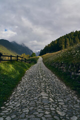 An uphill stone path between green hills and mountains to go through to reach your goals. In the background a cloudy sky.