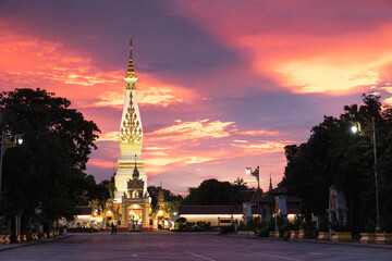 Fototapeta na wymiar Nakhon Phanom Province in THAILAND. Wat Phra That Phanom. Location Along the Mekong River. Peaceful and Believe in Buddhism. And Twilight sky Colorful. 