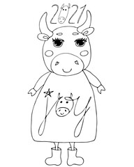 Cute bull cartoon coloring book or page