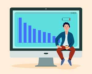 Man not successfully execute their tasks and appointments. Scene with not efficient and effective time management and multitasking at work. Flat cartoon vector illustration.