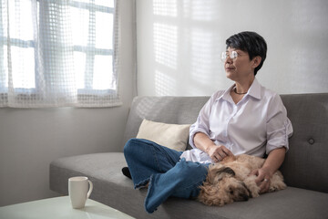 Lonely middle aged mature grey haired asian woman and a dog in the morning, old lady posing at home indoor, single senior retired female sitting on sofa in living room.