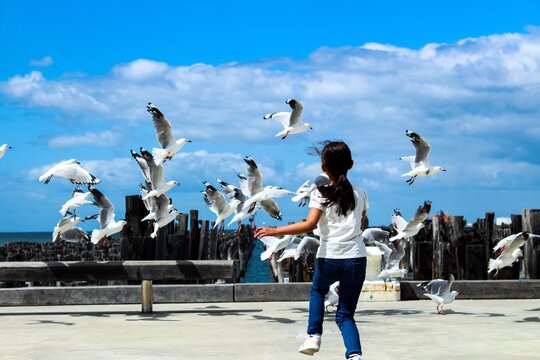 Girl Running Against Seagulls In City