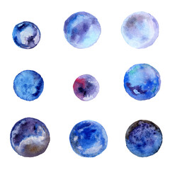 Obraz na płótnie Canvas Blue watercolor decorative stains set. For decoration of postcards, print, design works, souvenirs, design of fabrics and textiles, packaging design, invitation, wrapping.