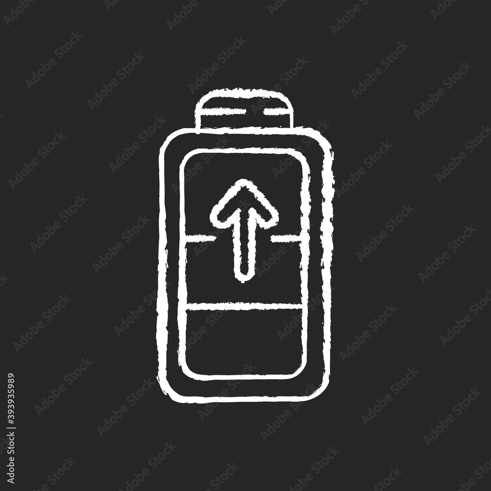 Poster Battery charging process chalk white icon on black background. Different devices working time. Electricity incoming process. Getting full system lifecycle. Isolated vector chalkboard illustration